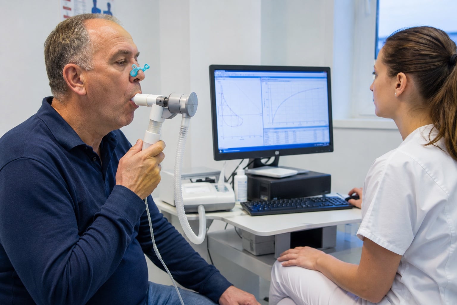 Patient réalisant un test de spirométrie au cabinet, surveillé par une soignante